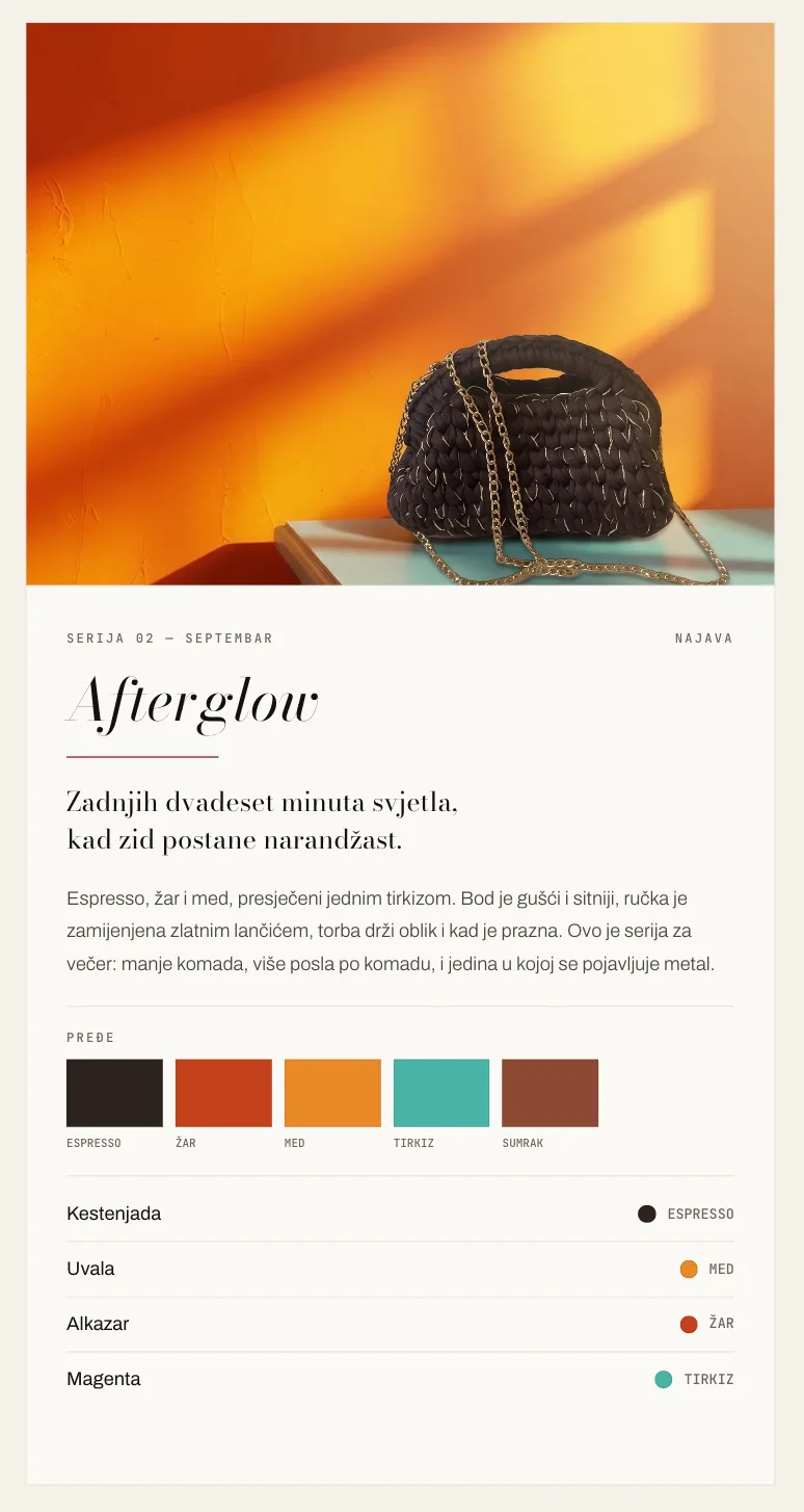 The Afterglow series card, Serija 02, September, coming soon: a dark crocheted bag with a gold chain against an orange wall in late light, the line “Zadnjih dvadeset minuta svjetla, kad zid postane narandžast.”, five yarn swatches from Espresso to Sumrak, and four models.