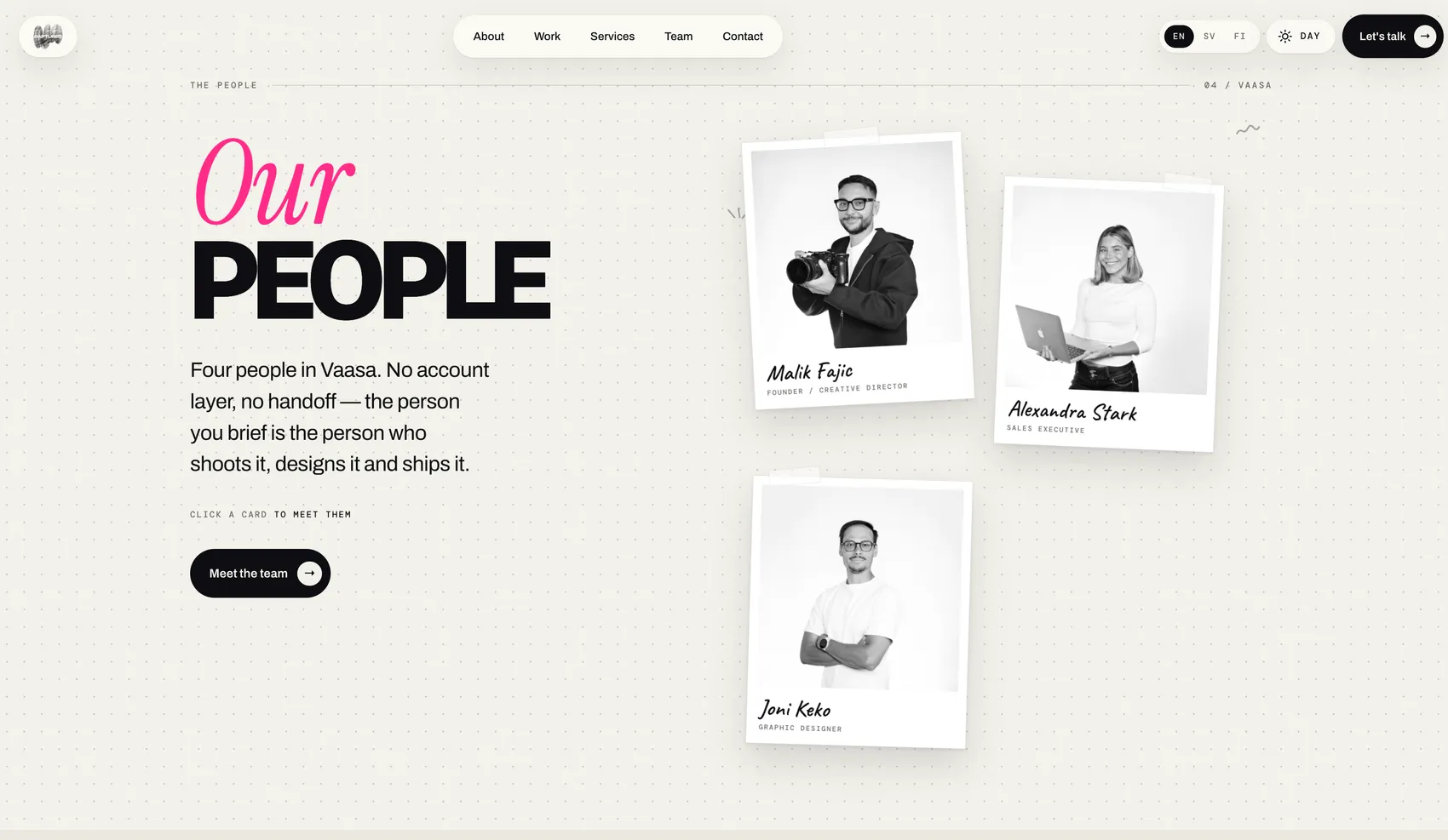 The Captured team section by day: “Our people” beside pinned black-and-white polaroids of Malik Fajic, founder and creative director, Alexandra Stark, sales executive, and Joni Keko, graphic designer.