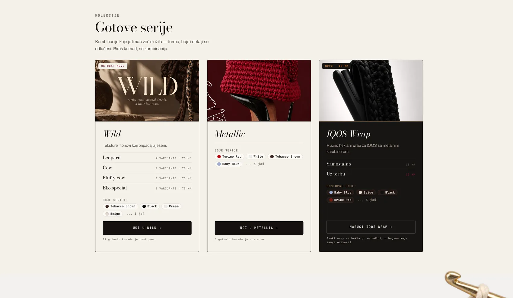 The Crochê collections page, “Gotove serije”: Wild, Metallic and IQOS Wrap cards with photos, models, prices and yarn colour chips.