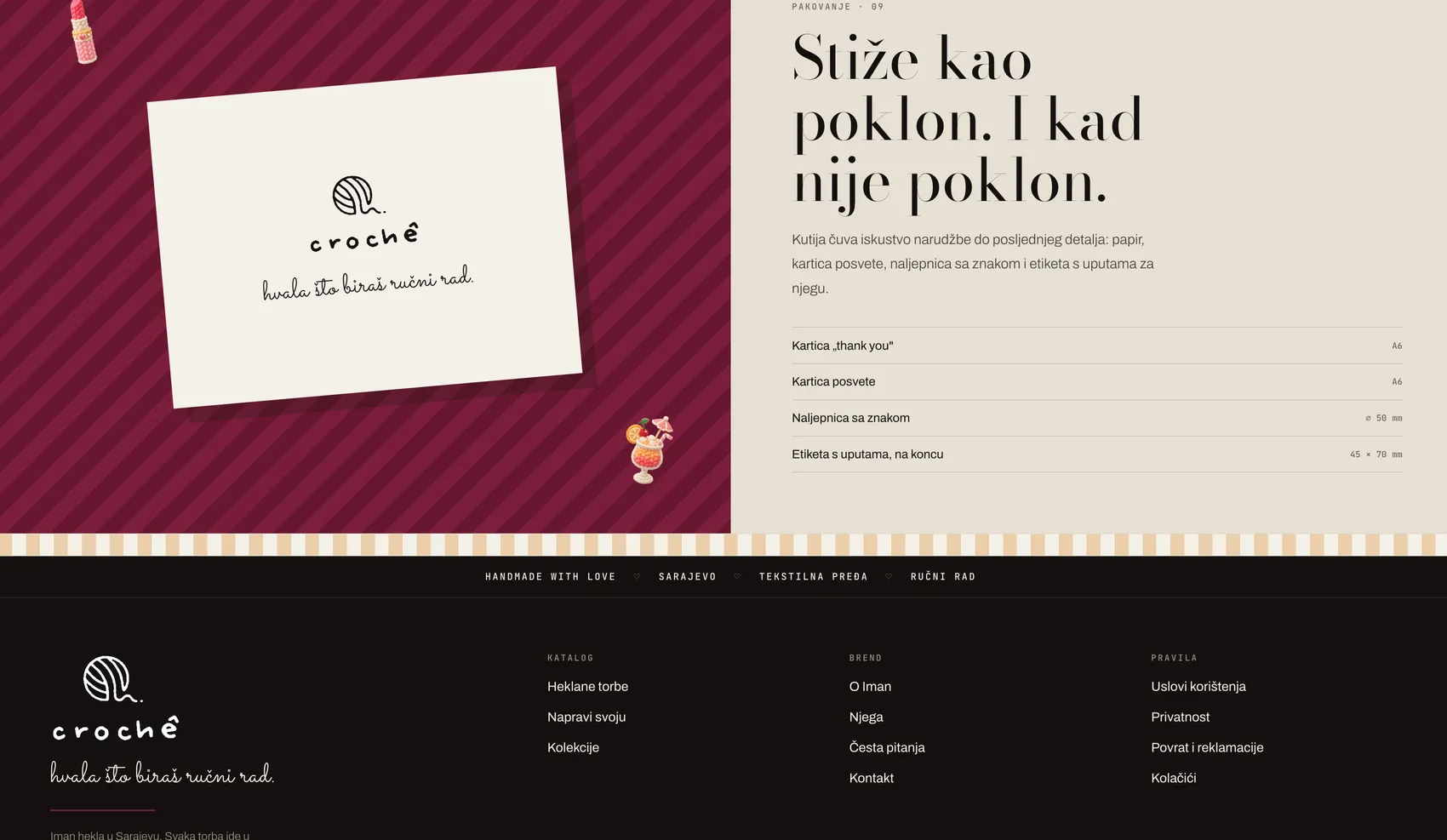 The Crochê packaging section, “Stiže kao poklon. I kad nije poklon.”, with the thank-you card on a wine-striped ground, the list of printed pieces, and the dark footer.