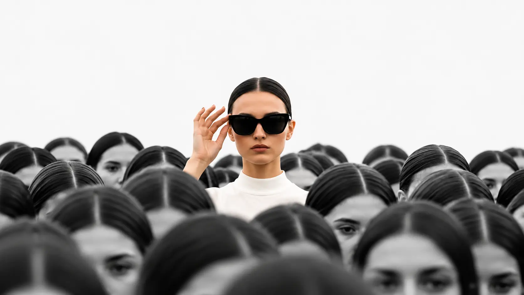 One woman in a white top and sunglasses stands out in a crowd of identical faces