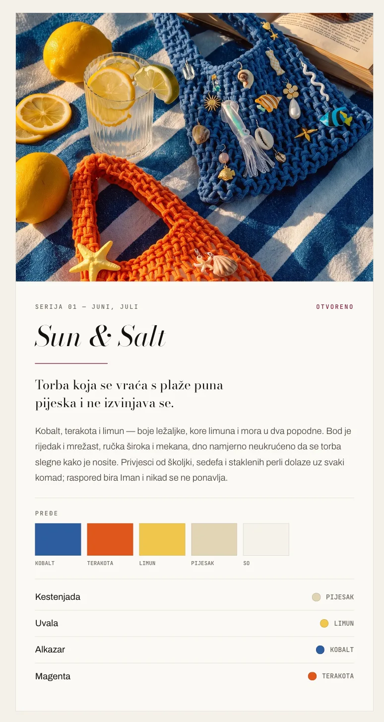 The Sun & Salt series card, Serija 01, June and July, open for orders: a cobalt bag hung with shell and glass charms beside a terracotta bag on a striped beach towel with lemons, the line “Torba koja se vraća s plaže puna pijeska i ne izvinjava se.”, five yarn swatches from Kobalt to So, and four models.