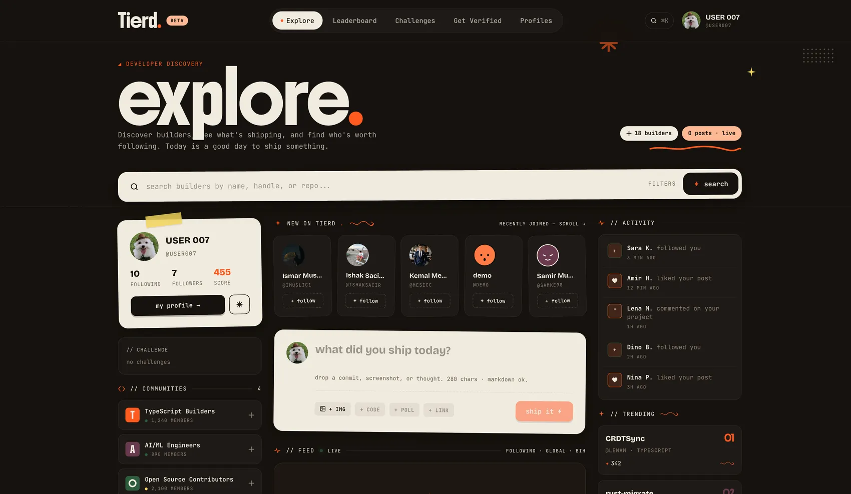 The Tierd explore page: a large “explore.” headline and builder search, a signed-in profile card with following, followers and score, new builders to follow, a “what did you ship today?” composer, recent activity and trending projects.