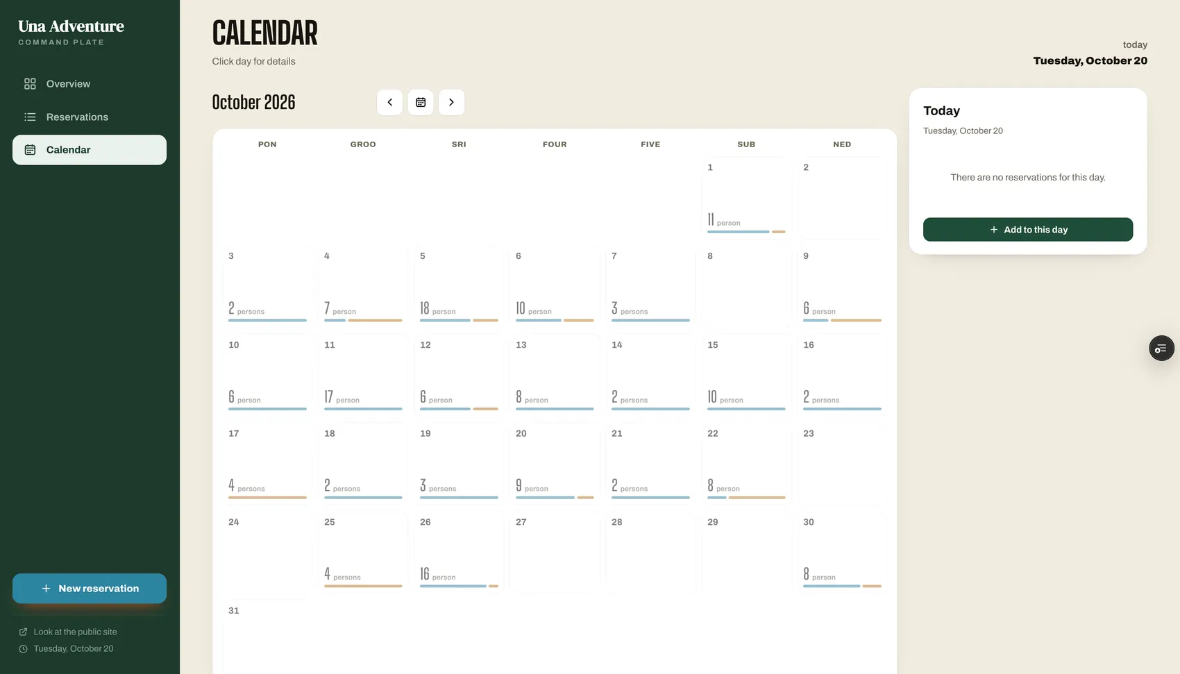 The Una Adventure owner dashboard calendar for October 2026: each day shows its number of guests with a bar split between the two routes, beside a Today panel with an Add to this day button and a New reservation button in the sidebar.