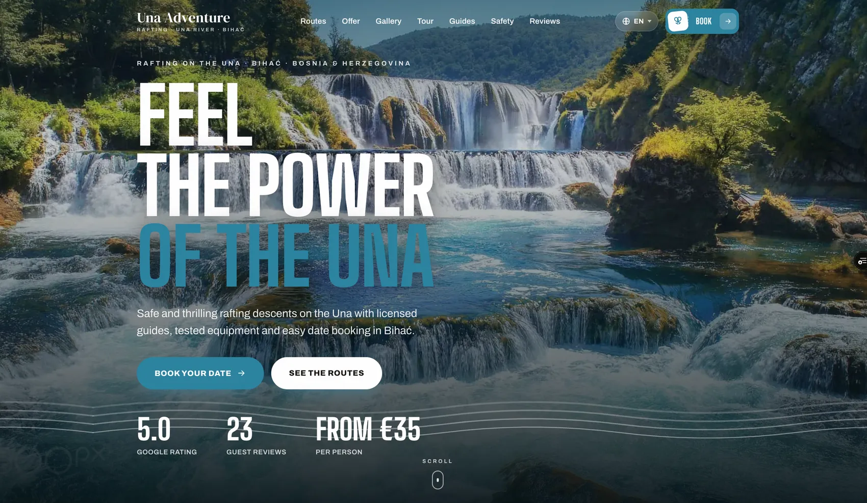 The Una Adventure homepage: “Feel the power of the Una” over the Štrbački Buk waterfalls, with Book your date and See the routes buttons, a 5.0 Google rating, 23 guest reviews and prices from €35.