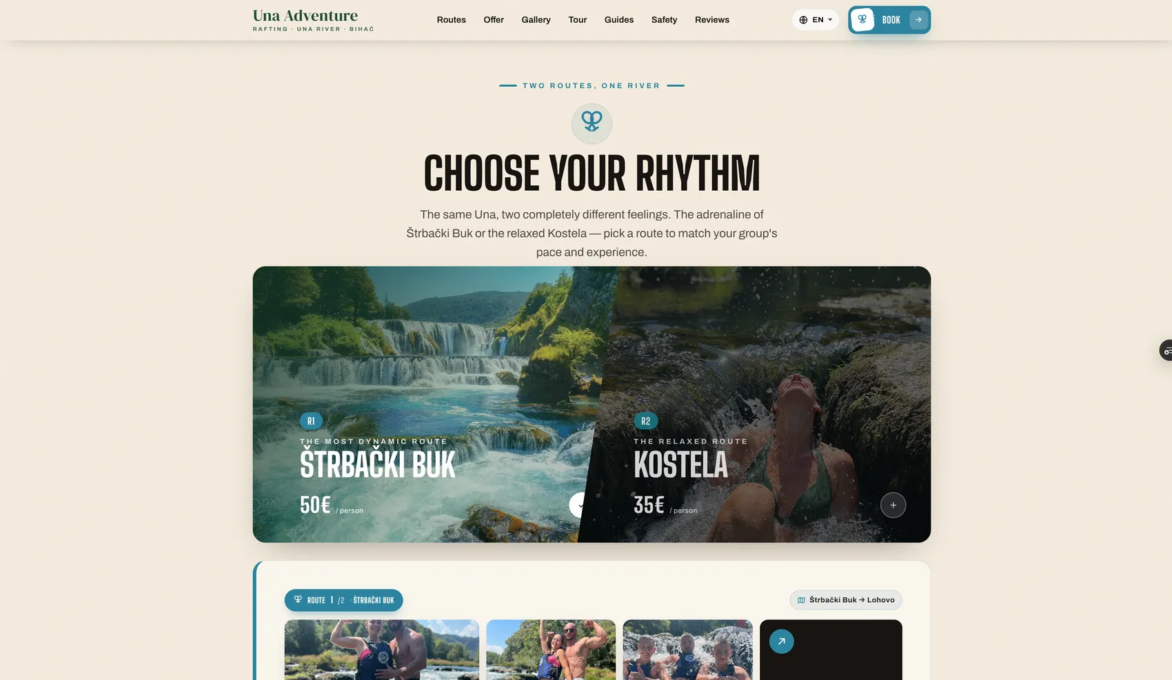 The Una Adventure routes section, “Choose your rhythm”: Štrbački Buk at 50€ and Kostela at 35€ per person, side by side, above guest photos from the river.
